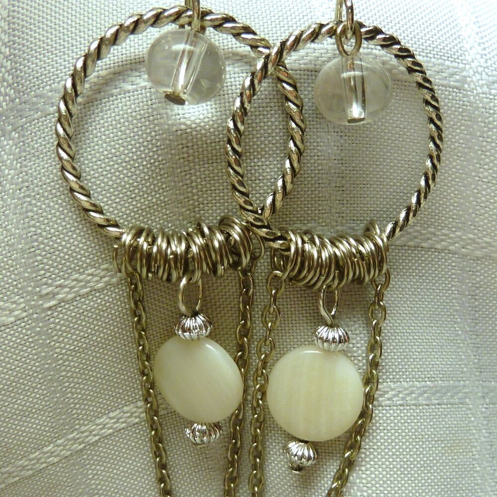 No193 Handmade earrings with glass and shell beads and 1 1/4 inches rings